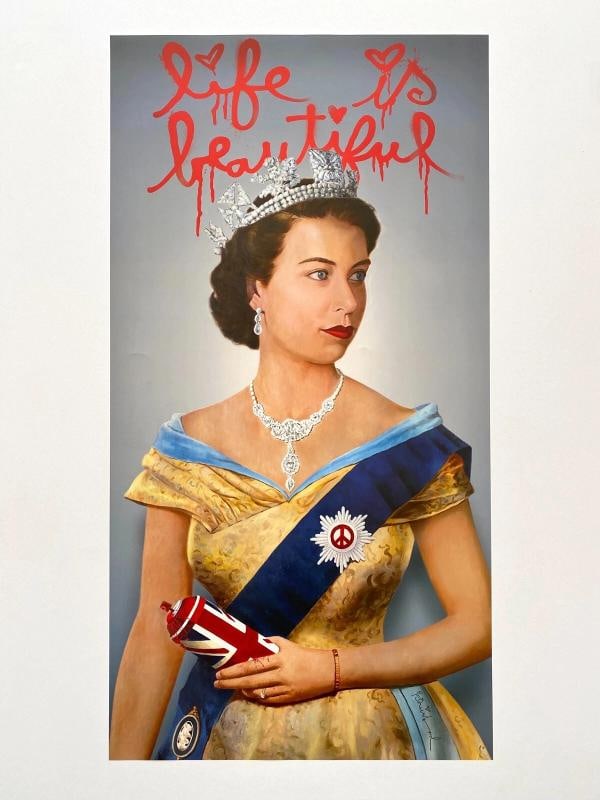 MR BRAINWASH " LIFE IS BEAUTIFUL QUEEN ELIZABETH " RARE LITHOGRAPH PRINT POSTER: Condition: Used,Artist: Mr. Brainwash,Unit of Sale: Single-Piece Work,Size: Medium (up to 36in.),Signed: No,Color: Multi-Color,Date of Creation: 2000-Now,Title: " Life is Beautiful ",Material: