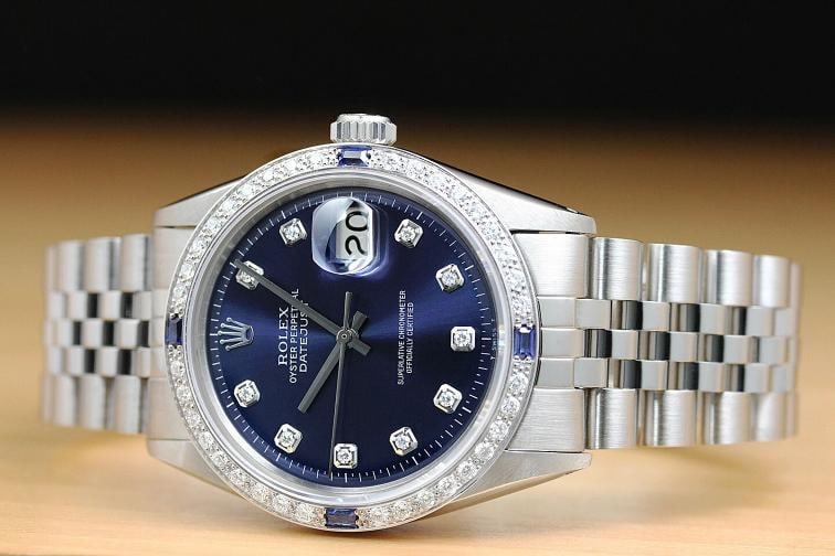 ROLEX MENS DATEJUST 1603 18K WHITE GOLD DIAMOND SAPPHIRE STEEL BLUE DIAL WATCH - 3