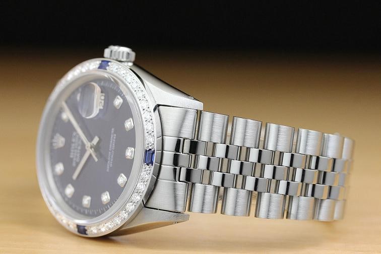 ROLEX MENS DATEJUST 1603 18K WHITE GOLD DIAMOND SAPPHIRE STEEL BLUE DIAL WATCH - 4