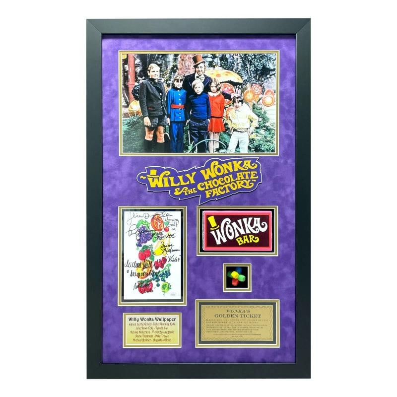 Willy Wonka Kids x5 Signed Wallpaper Framed Gobstopper Bar Collage JSA COA Auto: Movie: Willy Wonka,Original/Reproduction: Original,Object Type: Photograph,Signed by: Peter Ostrum,Autograph Authentication: James Spence (JSA),Industry: Movies,Country of Origin: United States 