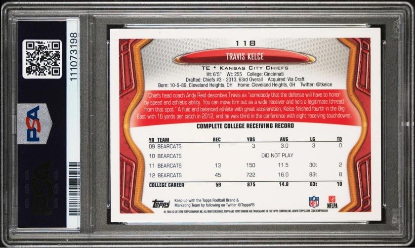 Travis Kelce Signed 2013 Topps Chrome #118 Rookie Card Grade 9 Auto 10! PSA Slab - 2