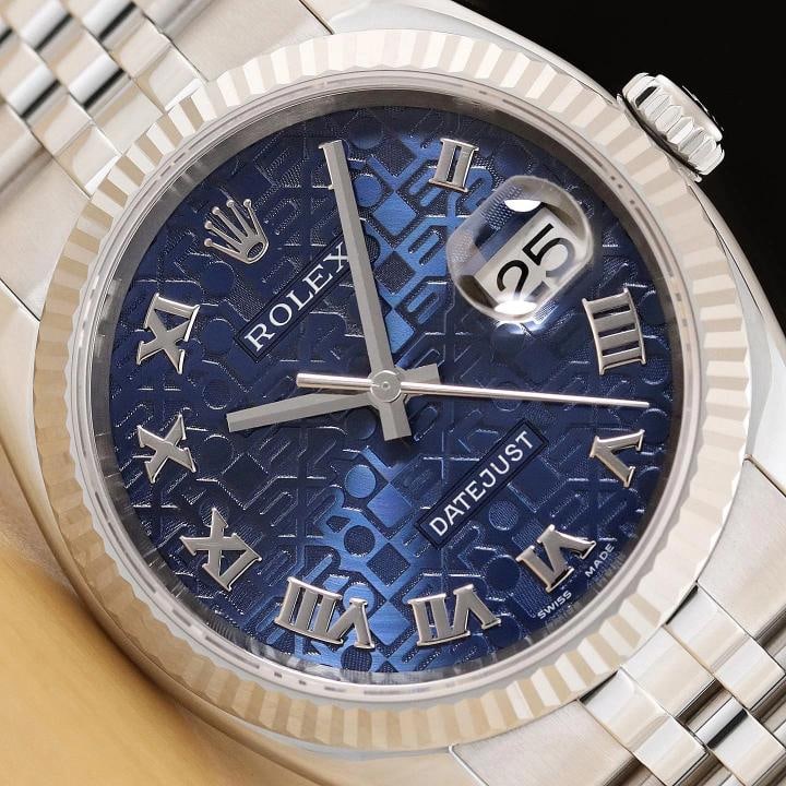 ROLEX MENS DATEJUST 116234 BLUE JUBILEE ROMAN DIAL 18K WHITE GOLD STEEL WATCH: Condition: Pre-owned - Good,Bezel Color: Silver,Max Wrist Size: 7.26-7.5 in,Number of Jewels: 31 Jewels,Indices: Roman Numerals,Year Manufactured: 2000-2009,Bezel: Rolex 18K White Gold Fluted