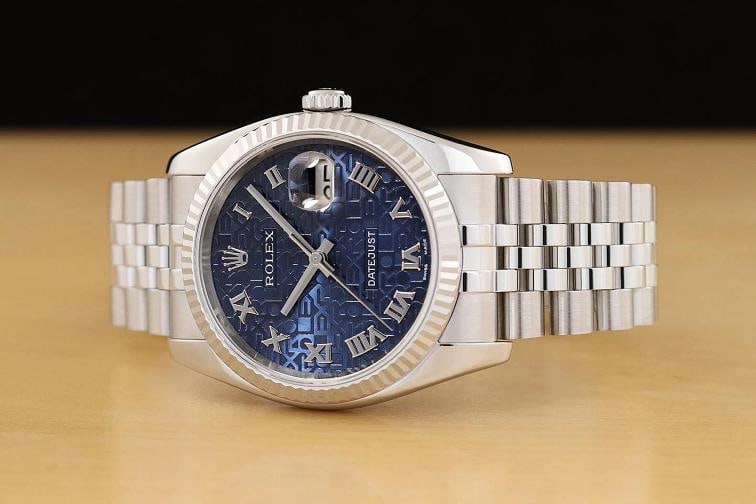 ROLEX MENS DATEJUST 116234 BLUE JUBILEE ROMAN DIAL 18K WHITE GOLD STEEL WATCH - 2