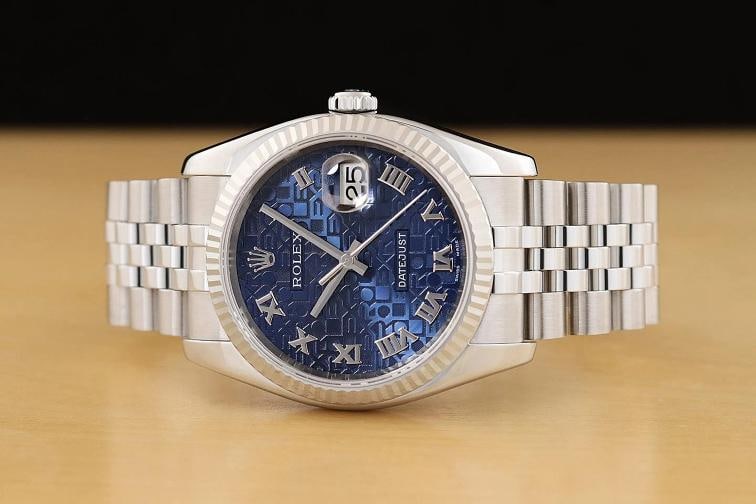 ROLEX MENS DATEJUST 116234 BLUE JUBILEE ROMAN DIAL 18K WHITE GOLD STEEL WATCH - 3