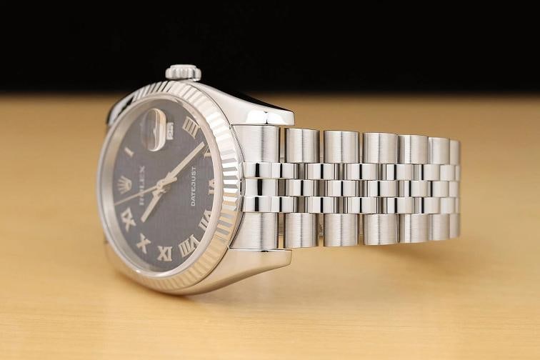 ROLEX MENS DATEJUST 116234 BLUE JUBILEE ROMAN DIAL 18K WHITE GOLD STEEL WATCH - 4