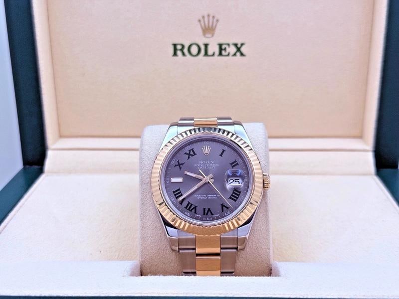 Rolex Datejust II 116333 41 mm Slate Wimbledon Dial 18K Yellow Gold Steel: Style Number: 116333 Year: 2011-2016 Model: Rolex Datejust II Case Material: Stainless Steel Band: 18k Yellow Gold & Stainless Steel Bezel: 18k Yellow Gold Fluted Dial: