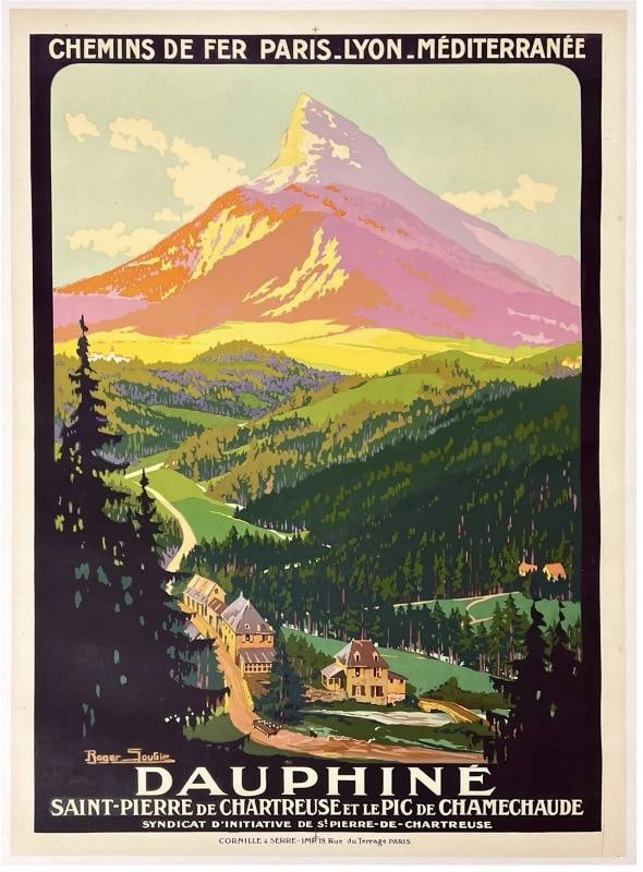 Original Vintage Poster DAUPHINE PLM French Rail Travel France Tourism LINEN: Dimensions: 30.7 x 42.3 in. / 78 x 107.5 cm.; Circa: 1925 Original vintage "DAUPHINE" travel poster, plate signed by its artist, ROGER SOUBIE, and printed circa 1925. 