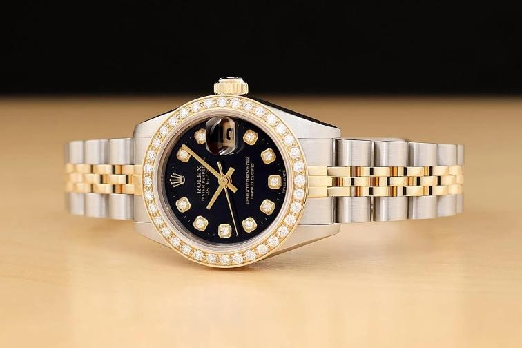 ROLEX LADIES DATEJUST 69173 BLACK DIAMOND 18K YELLOW GOLD STEEL JUBILEE WATCH - 2