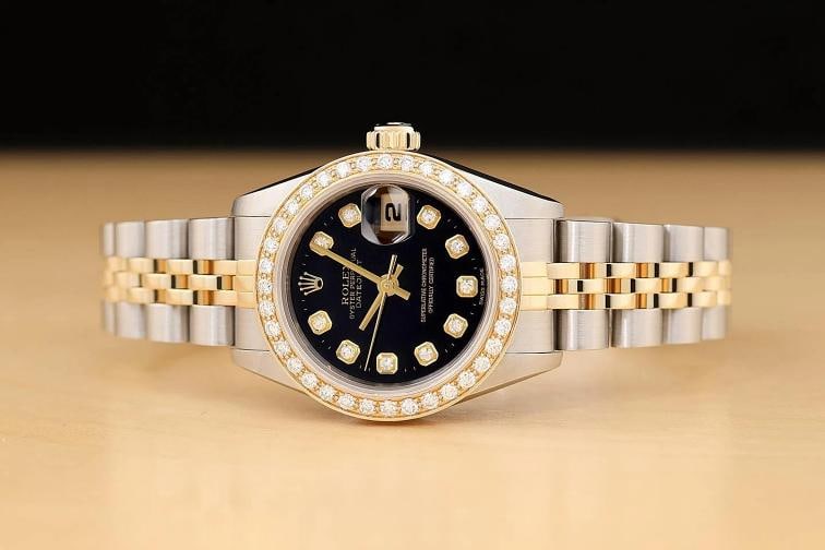 ROLEX LADIES DATEJUST 69173 BLACK DIAMOND 18K YELLOW GOLD STEEL JUBILEE WATCH - 3