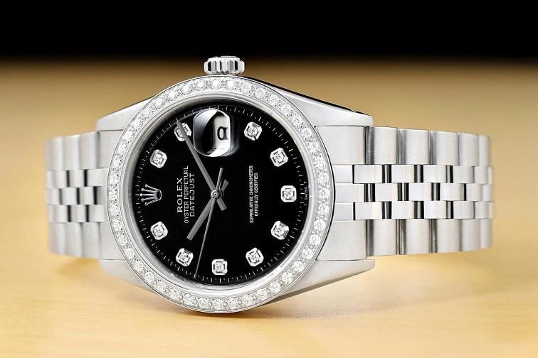 ROLEX MENS DATEJUST BLACK DIAL 18K GOLD STEEL DIAMOND WATCH w/ FOLDED BRACELET - 2