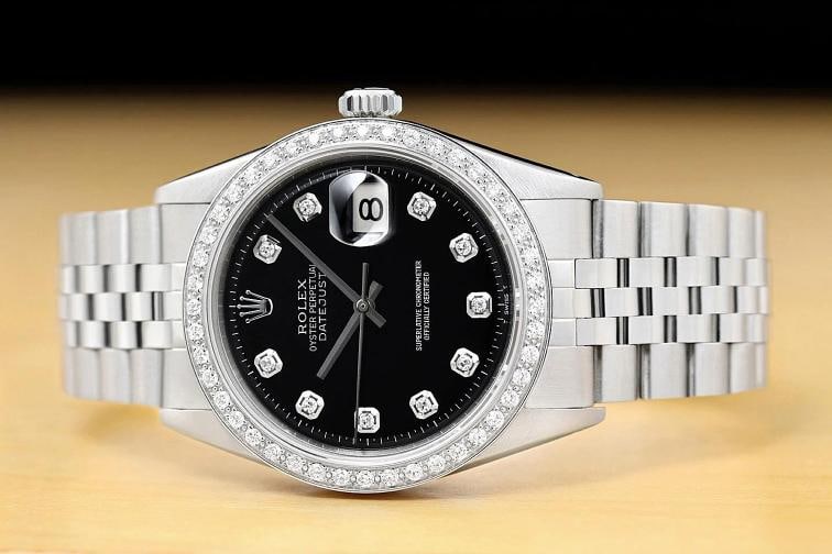 ROLEX MENS DATEJUST BLACK DIAL 18K GOLD STEEL DIAMOND WATCH w/ FOLDED BRACELET - 3