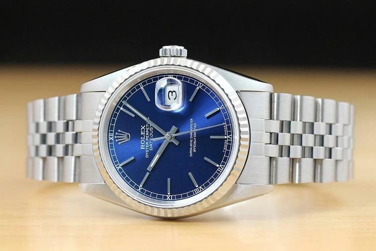 MENS ROLEX DATEJUST 16234 BLUE DIAL 18K WHITE GOLD STAINLESS STEEL WATCH - 3