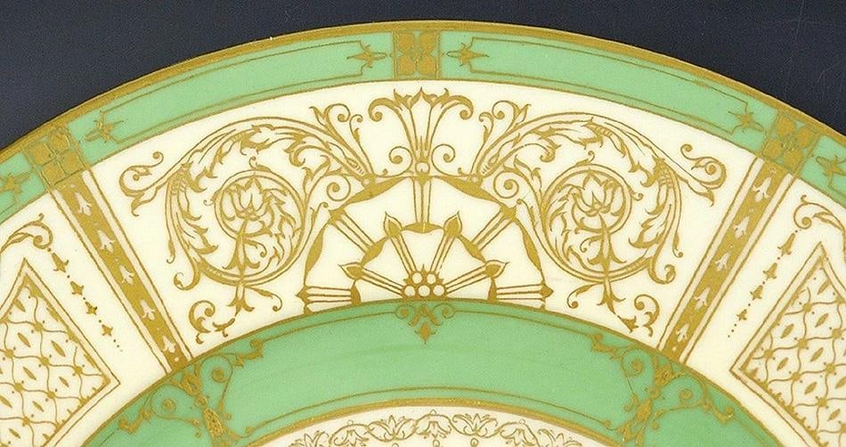 Fantastic Set 11 Cream Green and Gilded 1929 Royal Worcester Dinner Plates - 3