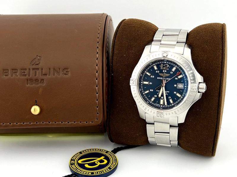 Breitling Colt Automatic A17313 41mm Blue Dial Stainless Steel Travel Box: Condition: Pre-owned - Excellent,Country of Origin: Switzerland,Bezel Color: Silver,Movement: Mechanical (Automatic),Seller Warranty: Yes,Band/Strap: Bracelet,Reference Number: A17313,Brand: