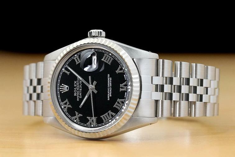 MENS ROLEX DATEJUST 16014 BLACK ROMAN 18K WHITE GOLD SS WATCH w/ JUBILEE BAND - 2