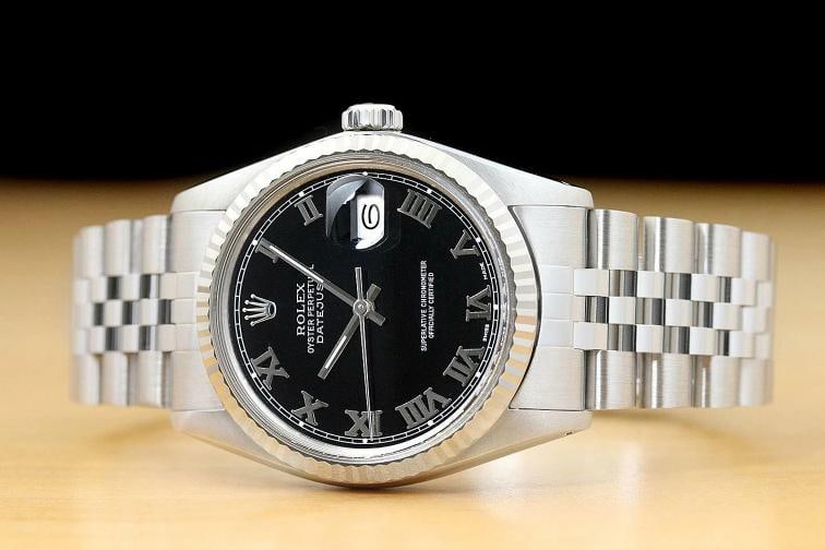 MENS ROLEX DATEJUST 16014 BLACK ROMAN 18K WHITE GOLD SS WATCH w/ JUBILEE BAND - 3