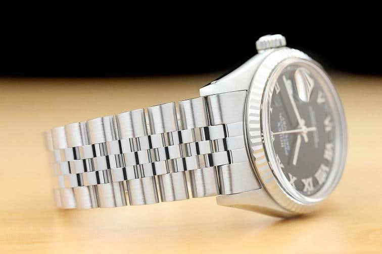 MENS ROLEX DATEJUST 16014 BLACK ROMAN 18K WHITE GOLD SS WATCH w/ JUBILEE BAND - 6