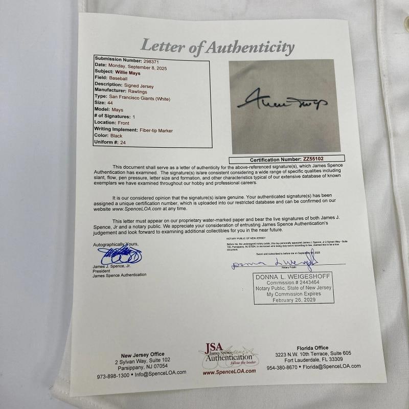 Willie Mays Signed San Francisco Giants Rawlings Game Model Jersey JSA COA - 5