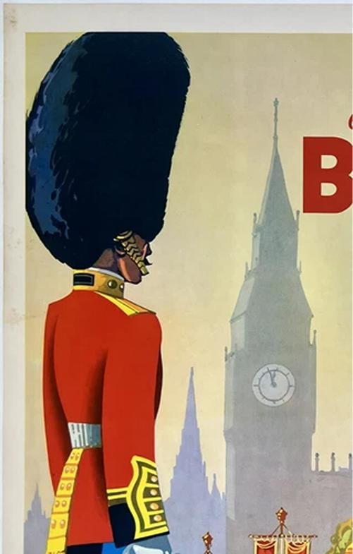 Original Vintage Poster PAN AM - BRITAIN BY CLIPPER Airline Travel Tourism LINEN - 2