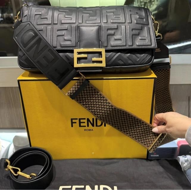 Fendi Nappa FF 1974 Embossed Large Baguette in Black Lambskin (1 of 19)