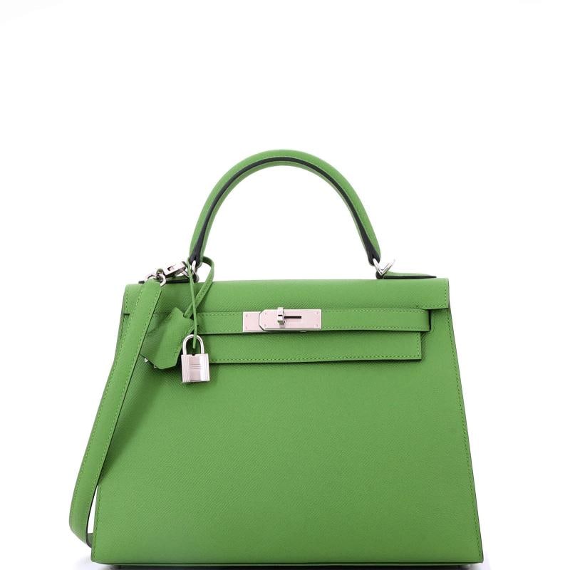 Hermes Kelly Handbag Green Epsom with Palladium Hardware 28: Condition: Pre-owned - Excellent,Brand: Hermes,Exterior Material: Leather,Style: Top Handle,Exterior Color: Green,Department: Women,Size: 28,Accessories: Keys, Clochette, Dust Bag, Box, Lock, With Str