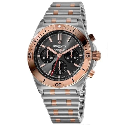 Breitling Chronomat B01 42 Chronograph Grey Dial Men's Watch: Case Case Material Rose Gold & Stainless Steel Case Description Stainless Steel and 18K Rose Gold Case Finish 18kt Brushed and Polished Case Shape Round Case Diameter 42.00mm Case Thickness 15.10mm Ca