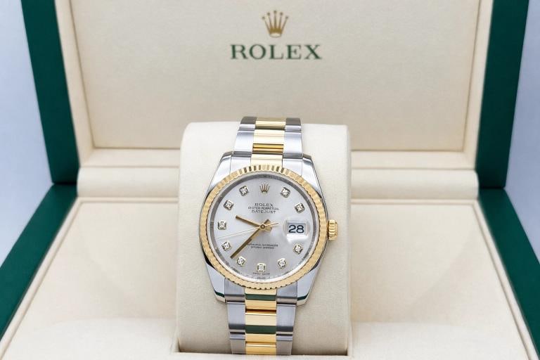 Rolex Datejust 36 116233 Factory Silver Diamond Dial 18k Yellow Gold Steel: Style Number: 116233 Year: 2011 - 2018 Model: Rolex Datejust 36 Case Material: Stainless Steel Band: 18K Yellow Gold and Stainless Steel Bezel: 18K Yellow Gold Fluted Dial: Factory Silver Diamond Dial