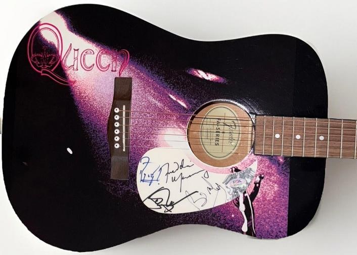 QUEEN: Freddie Mercury, Brian May, Roger Taylor, and John Deacon Signed Guitar (PSA LOA): Industry: Music,Signed: Yes,Autograph Authentication: Professional Sports (PSA/DNA),Original/Reproduction: Original,Country of Origin: United States