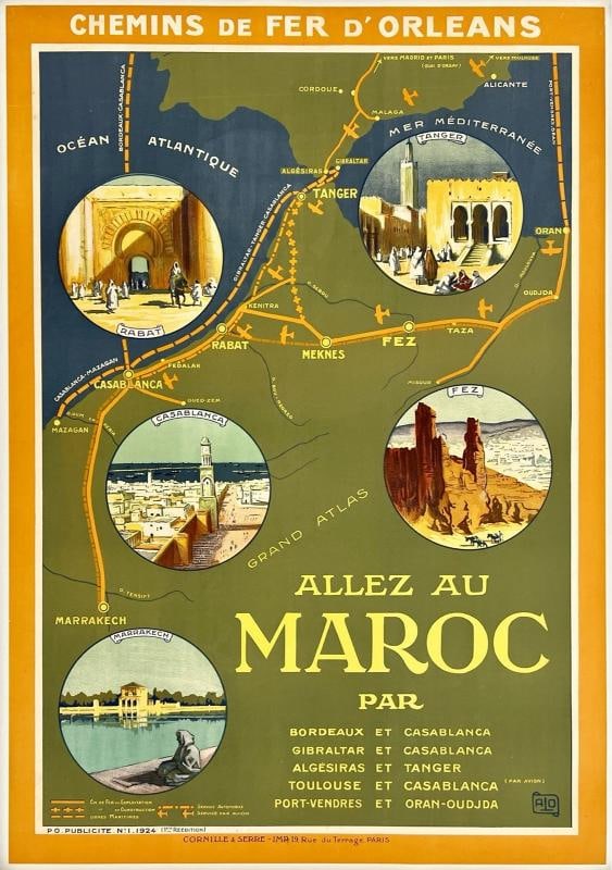 Original Vintage Poster ALLEZ AU MAROC Railroad Travel Tourism Morocco LINEN: Dimensions: 28.3 x 40.6 in. / 72 x 103 cm.; Circa: 1924 Original vintage "ALLEZ AU MAROC" railroad travel poster, designed by artist ALO (Charles Hallo), and printed circa 1924.