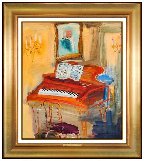 Elizabeth Gwyther Original Mozarts Music Oil Painting On Canvas Framed Signed: Also, measuring approximately 20" x 16" and 30" x 26" with the high-quality, custom frame, the immaculate artwork is of impressive craftsmanship and versatile size.
