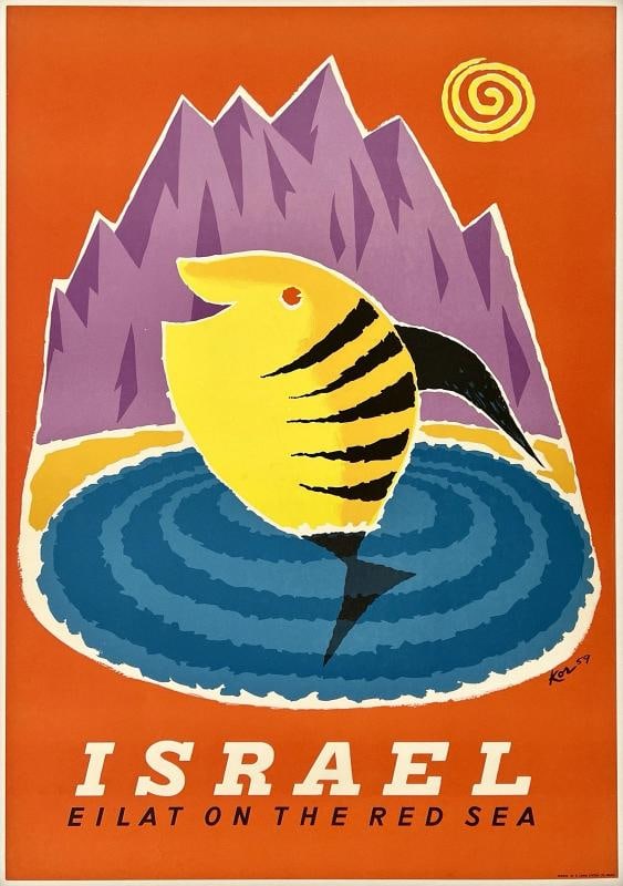 Original Vintage Poster ISRAEL EILAT ON THE RED SEA Travel Tourism MCM LINEN: Dimensions: 26.8 x 38.3 in. / 68 x 97.3 cm.; Circa: 1959 Original vintage "ISRAEL - EILAT ON THE RED SEA" travel poster, designed by artist PAUL KOR, and printed circa 1959.