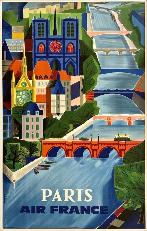 Original Vintage Poster AIR FRANCE PARIS Airline Travel Tourism Notre Dame LINEN: Dimensions: 24.6 x 39.2 in. / 62.5 x 99.5 cm.; Circa: 1963 Original vintage "AIR FRANCE - PARIS" airline travel poster, signed in the plate by its artist, FRANCOIS VERNIER, and printed circa 1963.
