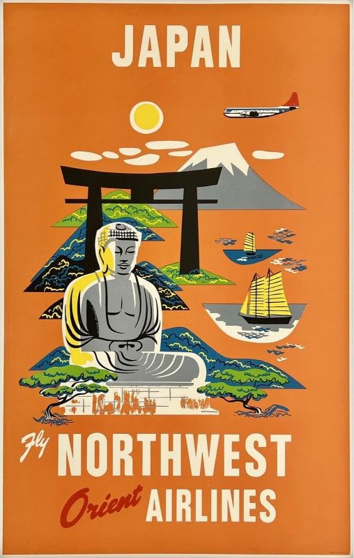 Original Vintage Poster JAPAN NORTHWEST AIRLINES Airline Travel Tourism LINEN: Dimensions: 25 x 39.6 in. / 63.5 x 100.5 cm.; Circa: 1950s Original vintage "JAPAN - FLY NORTHWEST ORIENT AIRLINES airline travel poster, illustrated by an anonymous artist, and printed circa 1950s.