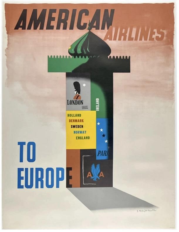 Original Vintage Poster AMERICAN AIRLINES TO EUROPE Paris Airline Travel LINEN: Dimensions: 30 x 39.5 in. / 76.2 x 100.3 cm.; Circa: 1950s Original vintage "AMERICAN AIRLINES - TO EUROPE" poster, plate signed by its artist, E. McKNIGHT KAUFFER, and printed circa 1950s.