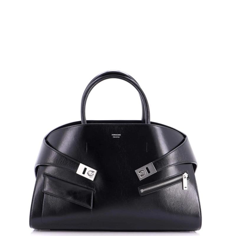 Salvatore Ferragamo Hug Top Handle Bag Leather Large: Accessories: Dust Bag, Clochette, With Strap Measurements: Height 9.5", Width 15", Depth 5". Condition: Pre-owned - Good,Brand: Salvatore Ferragamo,Exterior Material: Leather,Style: Satchels,Exterior