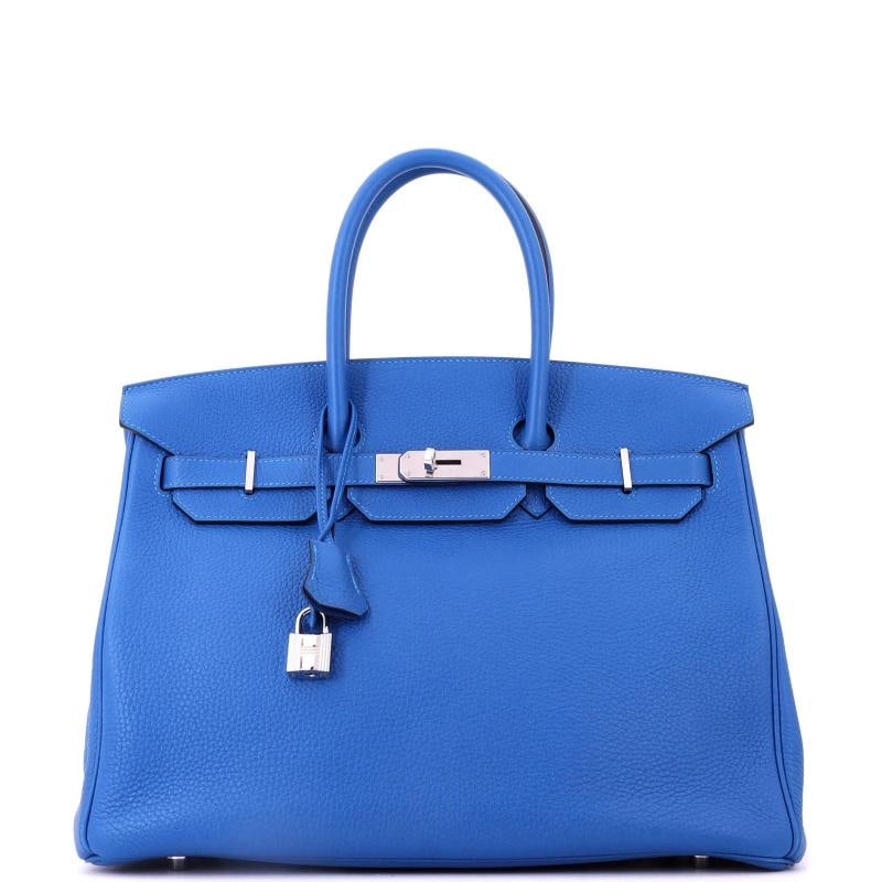 Hermes Birkin Handbag Blue Clemence with Palladium Hardware 35: Accessories: Keys, Lock, Clochette Measurements: Handle Drop None", Height 10", Width 13.5", Depth 7", Strap Drop None". Condition: Pre-owned - Good,Brand: Hermes,Exterior Material: Leather,Style: