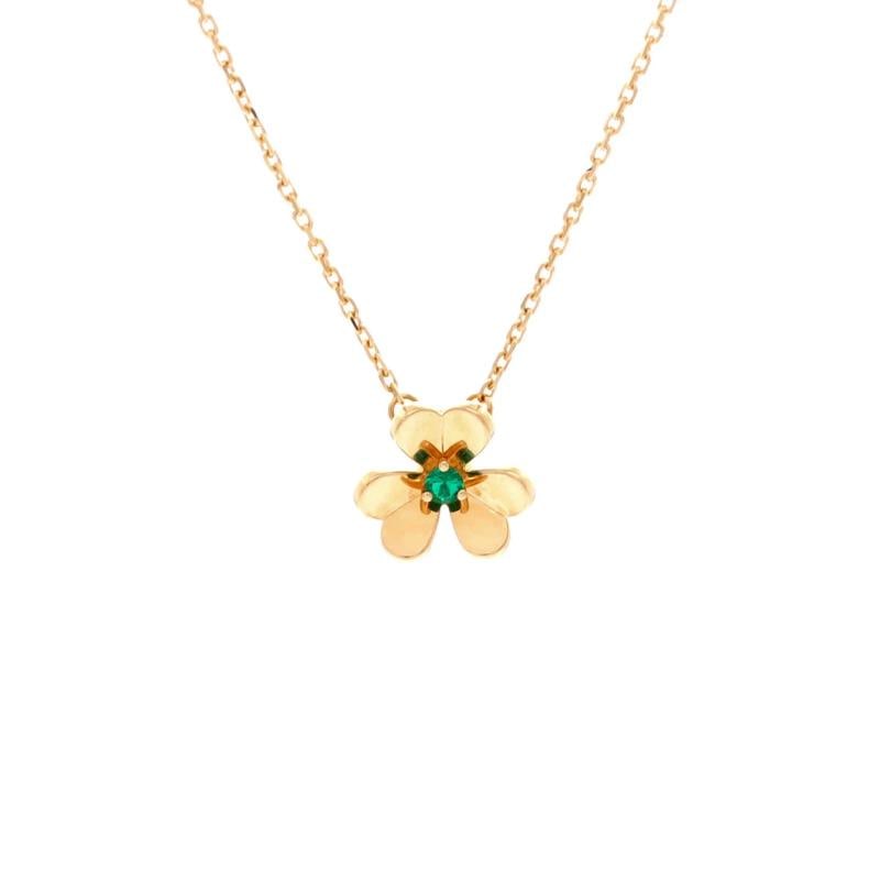 Van Cleef & Arpels Frivole Pendant Necklace 18K Yellow Gold and Emerald Mini: Measurements: Length: 15.0 - 15.75 ", Pendant Length: 10.10 mm, Pendant Width: 11.15 mm . Condition: Pre-owned - Good,Brand: Van Cleef & Arpels,Main Stone: Emerald,Metal: 18K Yellow Gold,Metal Purity: