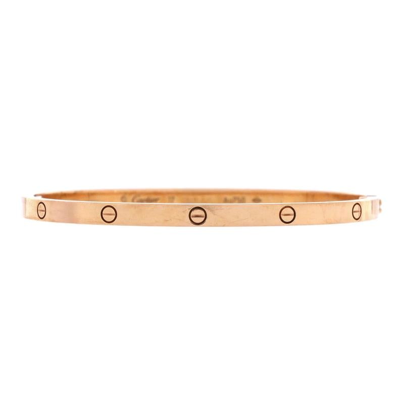 Cartier Love Bracelet 18K Rose Gold Small: Measurements: Circumference: 6.20 ", Width: 3.55 mm . Condition: Pre-owned - Good,Brand: Cartier,Main Stone: Unknown,Metal: 18K Rose Gold,Metal Purity: 18K,Style: Bracelet,Type: Bracelet,Color: Rose