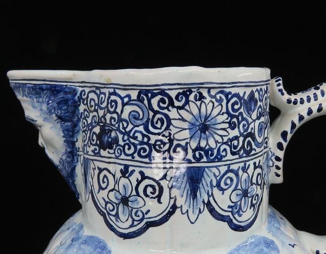 Fine Old 1700s Delft Faience Blue White Scenic Mask Jug Pitcher - 4