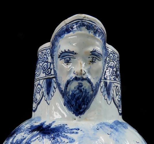 Fine Old 1700s Delft Faience Blue White Scenic Mask Jug Pitcher - 5