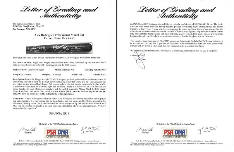 Yankees Alex Rodriguez "Game Used 9-18-06 Career HR #463" Signed Bat PSA/DNA - 10