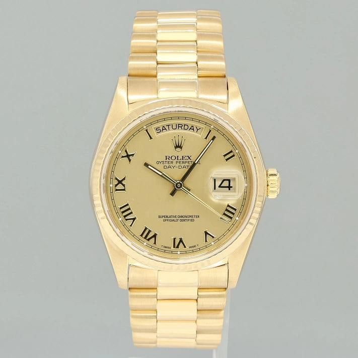 PAPERS MINT Rolex President Day-Date Champagne Roman 18038 Quickset Gold Watch - 2