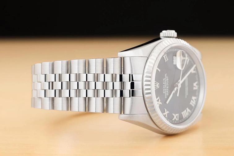 ROLEX MENS DATEJUST 16234 BLUE ROMAN DIAL 18K WHITE GOLD STEEL NO HOLES WATCH - 7