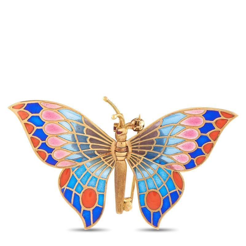 18K Rose Gold Plique--Jour Butterly Brooch: it measures 1.50 long by 2.44 wide.. Condition: Pre-owned - Good: This item has been gently used but is in good condition. It might have a few signs of wear, like light scratches or tarnishing. All
