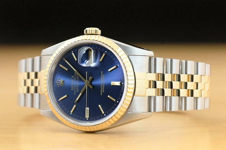 ROLEX MENS DATEJUST 16233 BLUE DIAL 18K YELLOW GOLD BEZEL STAINLESS STEEL WATCH - 2