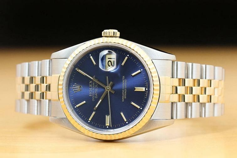ROLEX MENS DATEJUST 16233 BLUE DIAL 18K YELLOW GOLD BEZEL STAINLESS STEEL WATCH - 3
