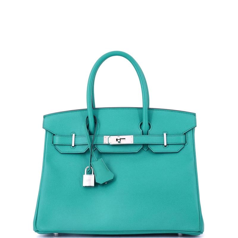 Hermes Birkin Handbag Blue Epsom with Palladium Hardware 30: Accessories: Keys, Clochette, Dust Bag, Lock Measurements: Handle Drop None", Height 9", Width 11.5", Depth 6", Strap Drop None". Condition: Pre-owned - Good,Brand: Hermes,Exterior Material: