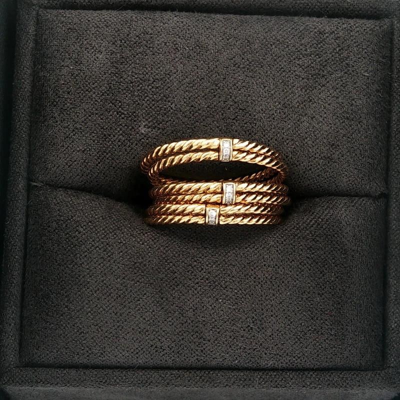 David Yurman Diamond 6 Row Cable Origami Ring 18k Gold Stacked Bands Size 7 - 9