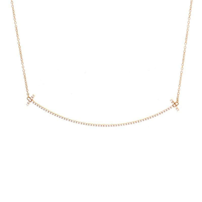Tiffany & Co. T Smile Pendant Necklace 18K Rose Gold with Diamonds Large: Measurements: Length: 16.0 - 18.0 ", Pendant Length: 10.90 mm, Pendant Width: 68.70 mm . Condition: Pre-owned - Good,Brand: Tiffany & Co.,Main Stone: Unknown,Metal: Unknown,Metal Purity: