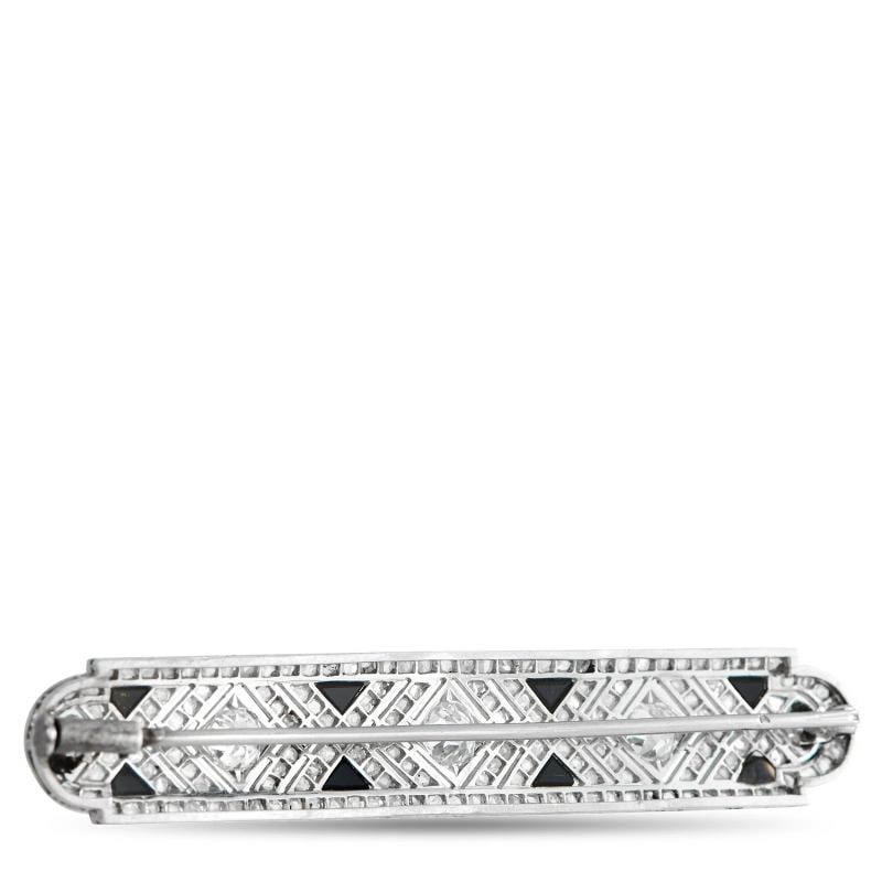 French Antique 18K White Gold 2.0ct Diamond and Onyx Brooch - 2